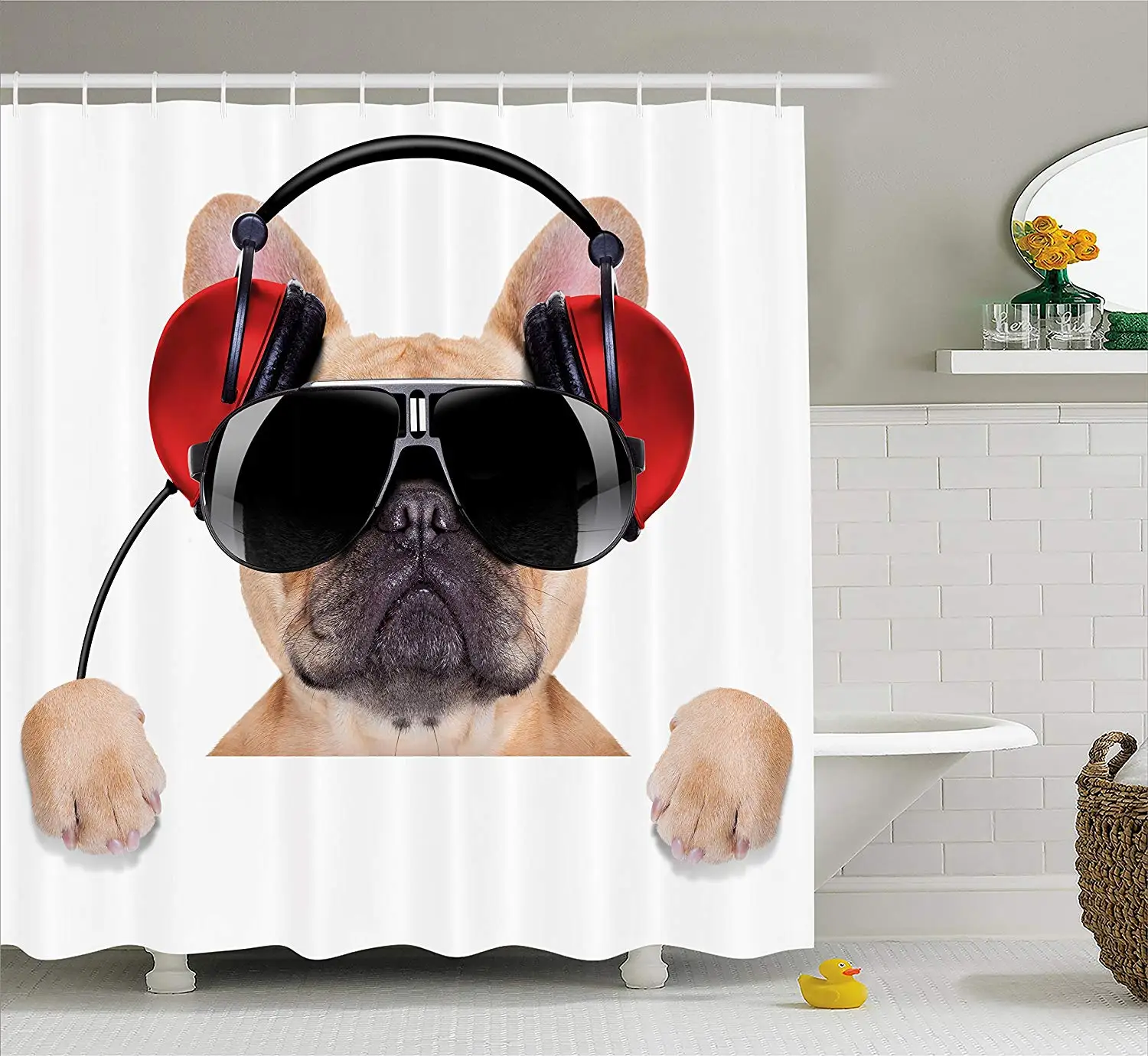 

Party Shower Curtain DJ Bulldog with Headphones Listening to Music Behind White Banner Fabric Bathroom Set Light Brown Black