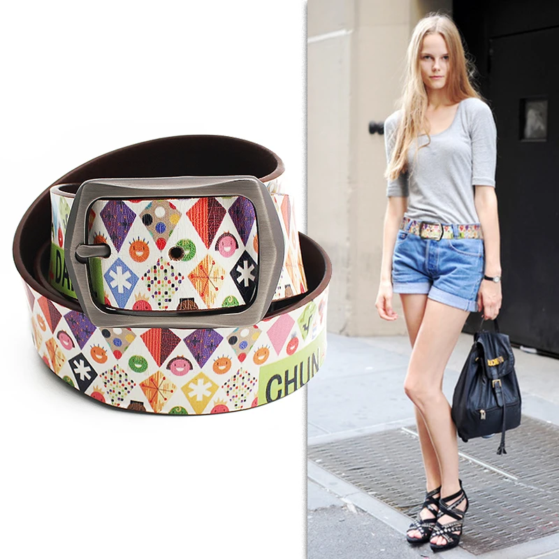 Fashion Genuine Leather Belts for Women Printed Belt Geometric Pattern