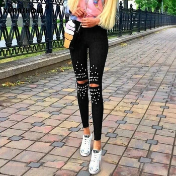 

XUANSHOW 2019 New Fashion Skinny Black Women's Pants Modis Harajuku Fitness Knee Hole Beading Female Leggings Spodnie Damskie