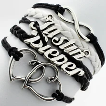 Justin Bieber Infinity Heart to Heart handmade Silver Charms PU Leather Black White Braided European Wristband