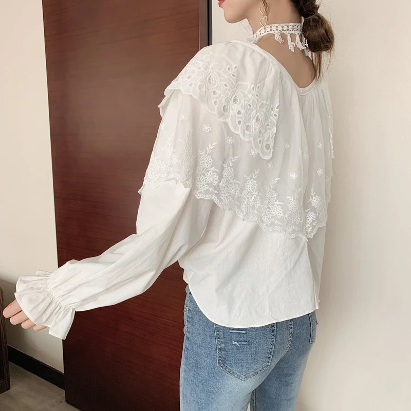 HziriP 2019 الكورية شيك أعلى جديد أنيقة الأبيض الطازجة فانوس الأكمام خمر الخامس الرقبة الأزياء الصلبة قميص مكتب سيدة النساء قميص