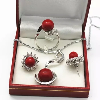 

Lovely Women's Wedding 8-12mm red shell pearl pendant stud and ring(6-10#) fashion jewelry set for birthday gift