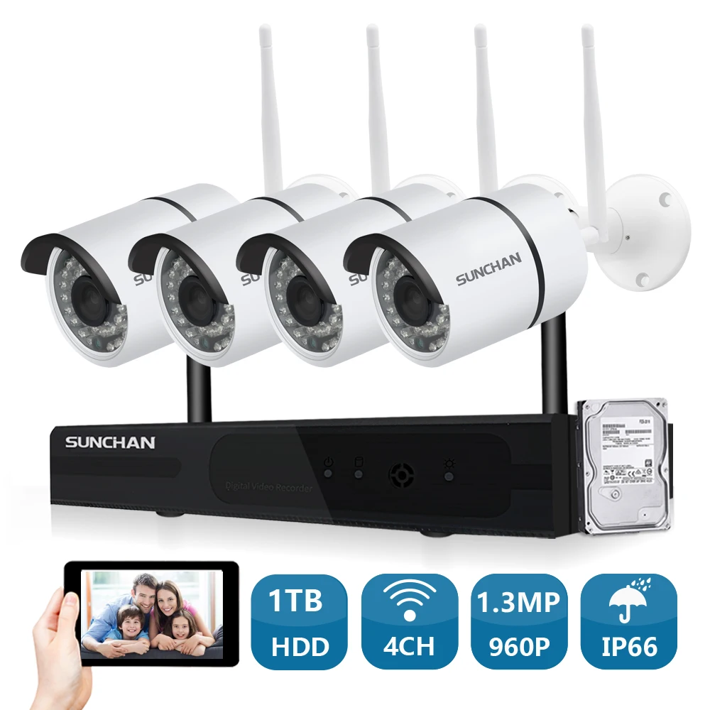 

4CH CCTV System Wireless 1080P HD NVR 4PCS 1.3MP 960P IR Outdoor Waterproof P2P Wifi Security Camera System Surveillance Kit 1TB