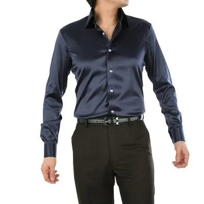 Мужская шелковая рубашка, имитация высококачественного Шелкового сатина, рубашки с длинным рукавом, шелковая рубашка для вечеринки, мужская рубашка MQ527 - Цвет: SA02200 NAVY