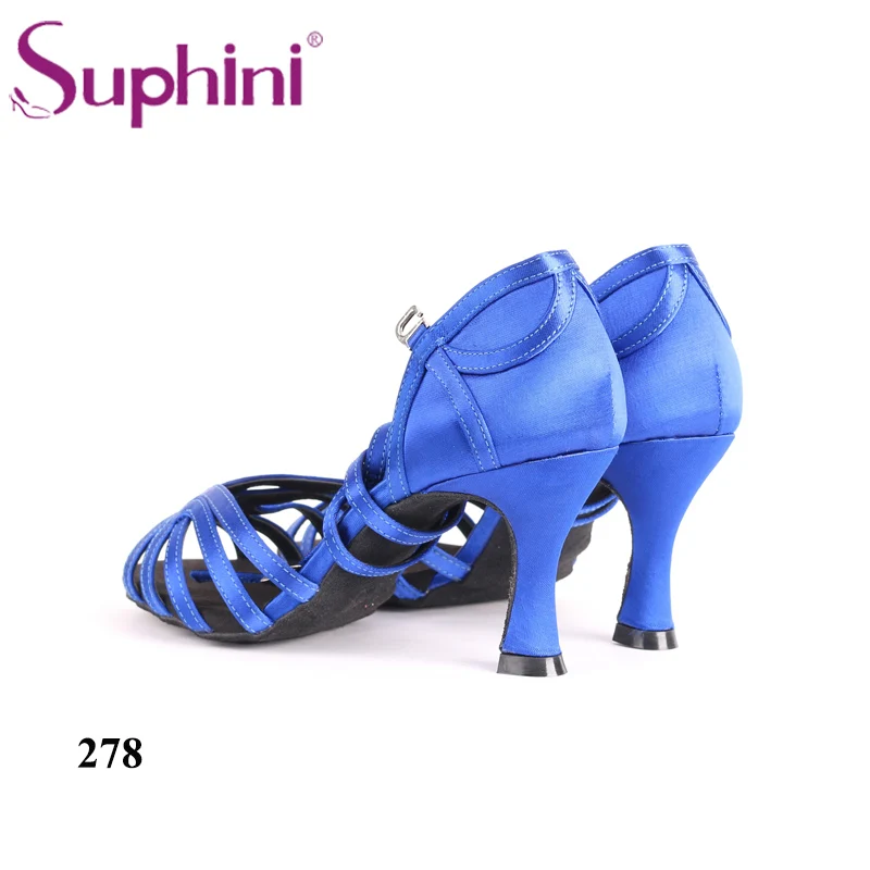 Professional Salsa Shoe High Class Blue Satin Latin Shoes, 7.5cm