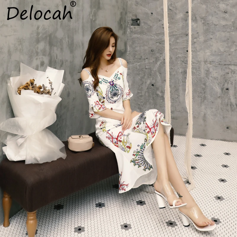 Delocah Women Summer Dress Runway Fashion Designer Sexy V-Neck Spaghetti Strap Beading Animal Printed Elegant Vintage Dresses
