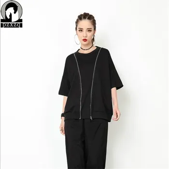 

Korean Style Summer New T-shirt Short Sleeve Loose Zippered Women's T-shirt Tops O-neck Bat Sleeve Tee Shirt Femme Camiseta Muje