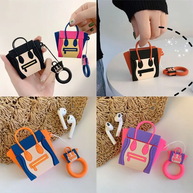 

Cute Smily Face Bag Pattern Soft Silicone Protective Cover Shockproof Case Skin with Lanyard for Airpods 1/2 Charging Box Access