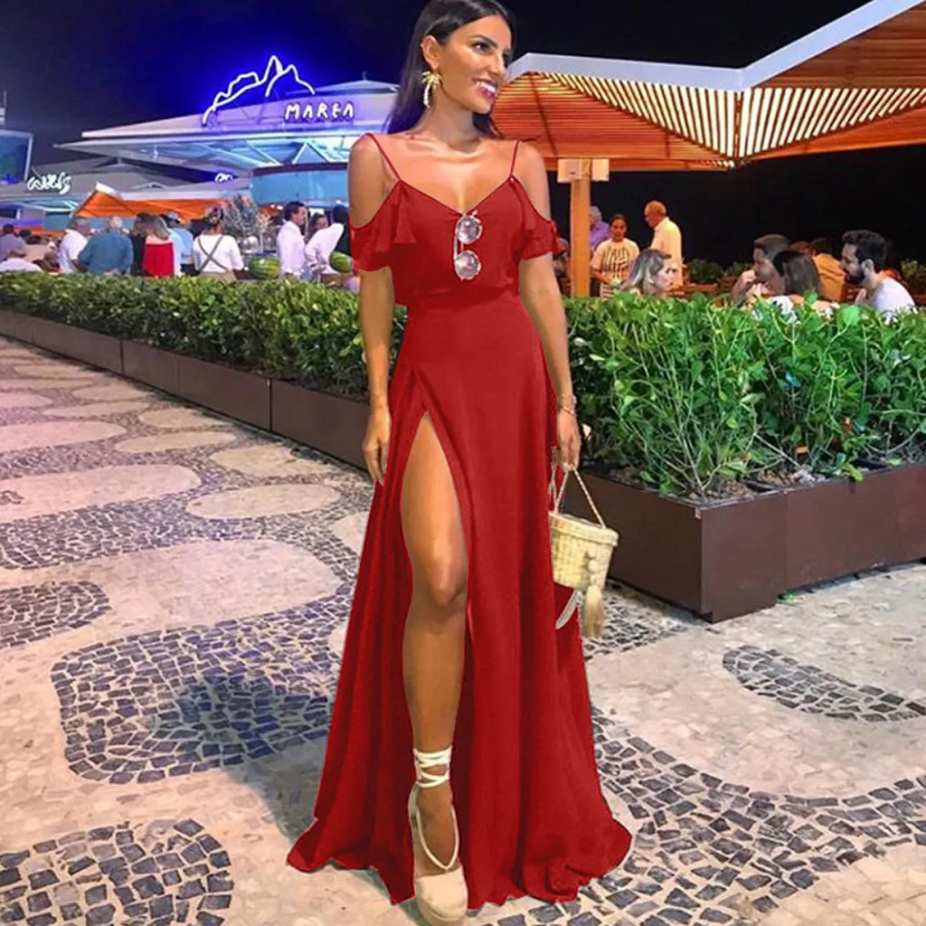 

Sexy Robe Longue Women Summer Vestidos De Verano Boho Strappy Vestidos De Verano V-neck Ruffle Split Long Maxi Party Beach Dress