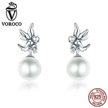 VOROCO Classic Genuine 925 Sterling Silver Love Angel Clear CZ Pearl Stud Earrings for Women Fine Jewelry Bijoux VSE021