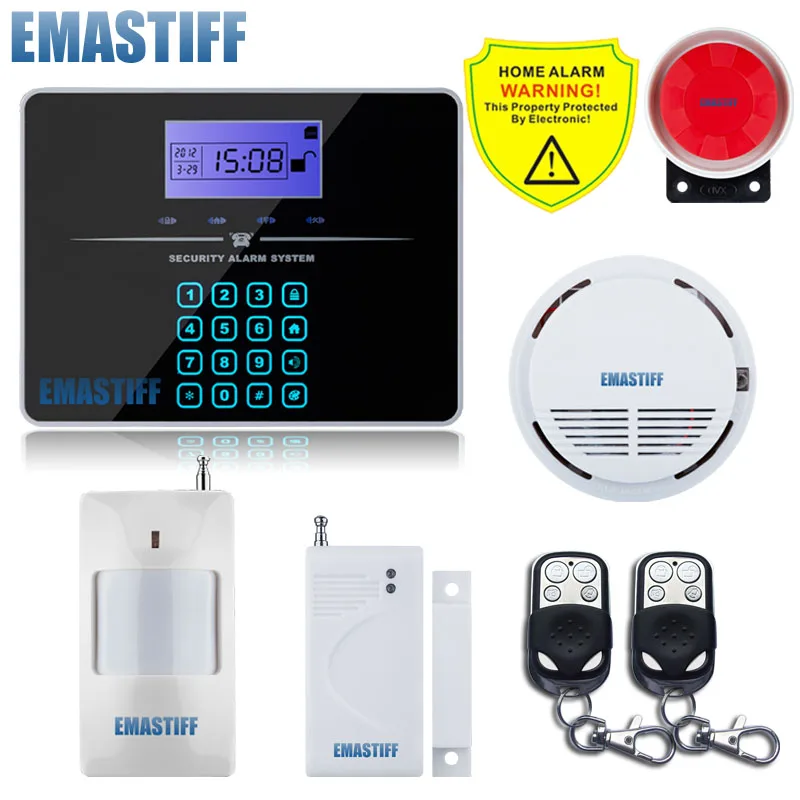 

Free Shipping!Upgrade 120DB Siren LCD GSM PSTN Alarm System Remote Control PIR Door sensor Smoke alarm English and Russian Voice