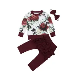Хлопковые топы с длинными рукавами и цветочным принтом для маленьких девочек от 0 до 24 месяцев, футболка штаны с оборками, леггинсы комплект