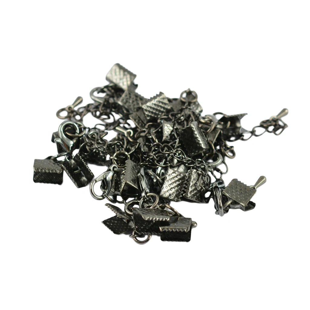 12 x Lobster Claw Clasp Crimp Clip Ends with Extender Chain Hematite
