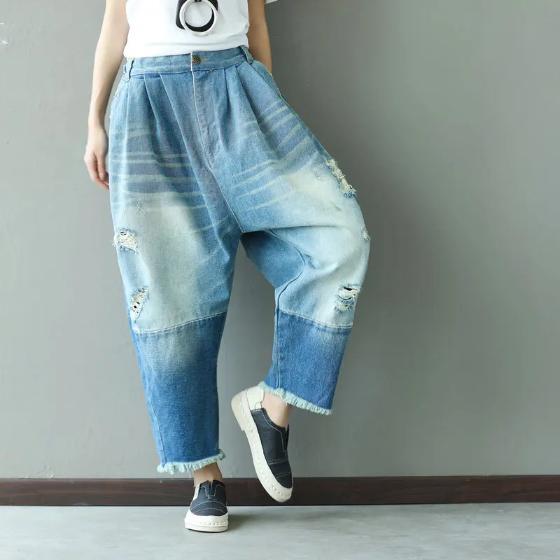 Джинсы размера плюс с высокой талией, женские джинсы с дырками и кисточками, Новое поступление, джинсовые женские штаны длиной до щиколотки, свободные штаны в стиле хип-хоп с карманами на молнии