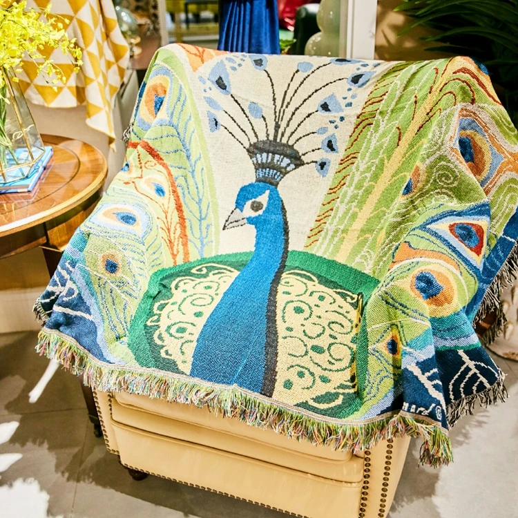 

130cmx160cm American Retro Casual Sofa Cloth Blanket Living Room Carpet Colorful Peacock Patterns Tapestry