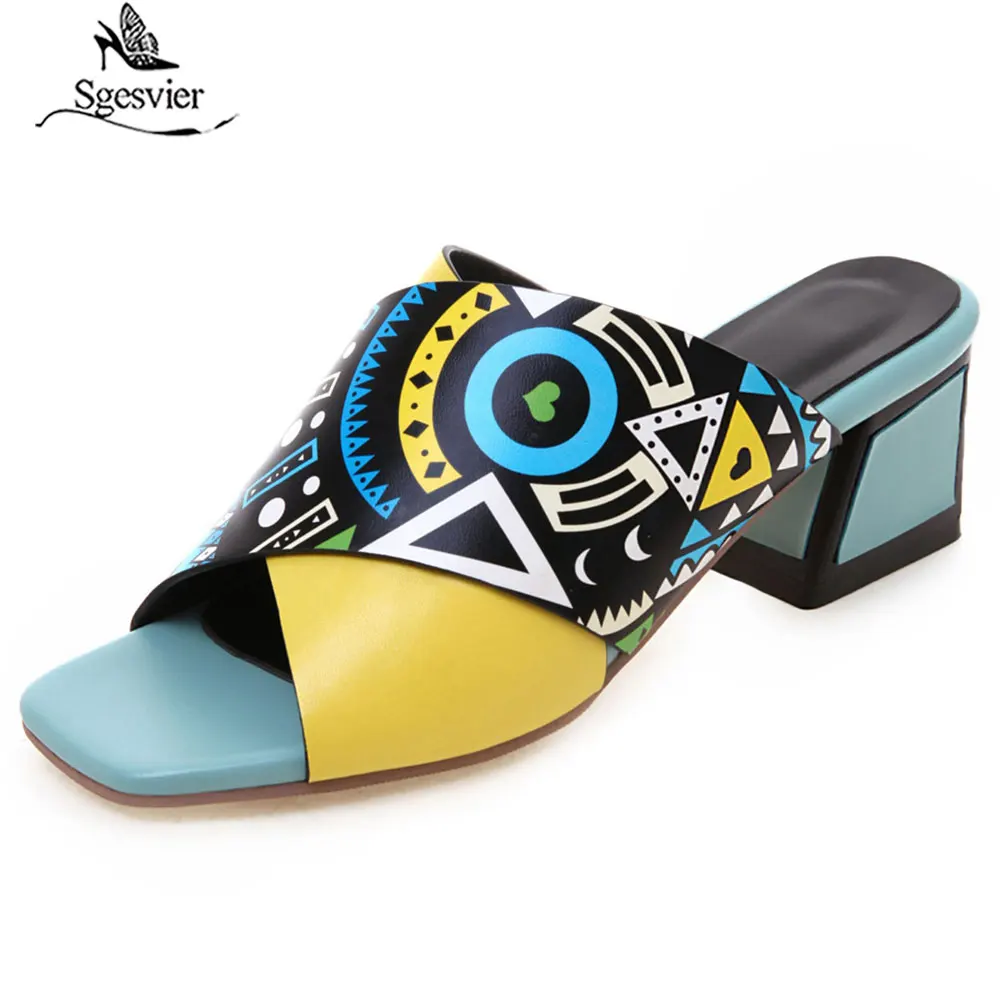 

Sgesvier Size 34-43 New 2019 women sandals open toe square high heels snake print slip on women's mules summer ladies shoes G573