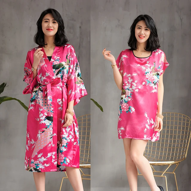 Sexy Wedding Bride Bridesmaid Robe Set 2018 Summer Ladies Rayon Kimono Bathrobe Gown Flower&Peacock 2PCS Sleepwear Nightwear