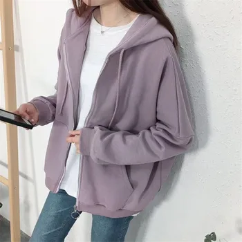 

Autumn Women New Thick Terry Zipper Outwear Cotton Hooded Outwear Loose Sweatshirt Solid Color Casual Femme Hoodies MZ2787
