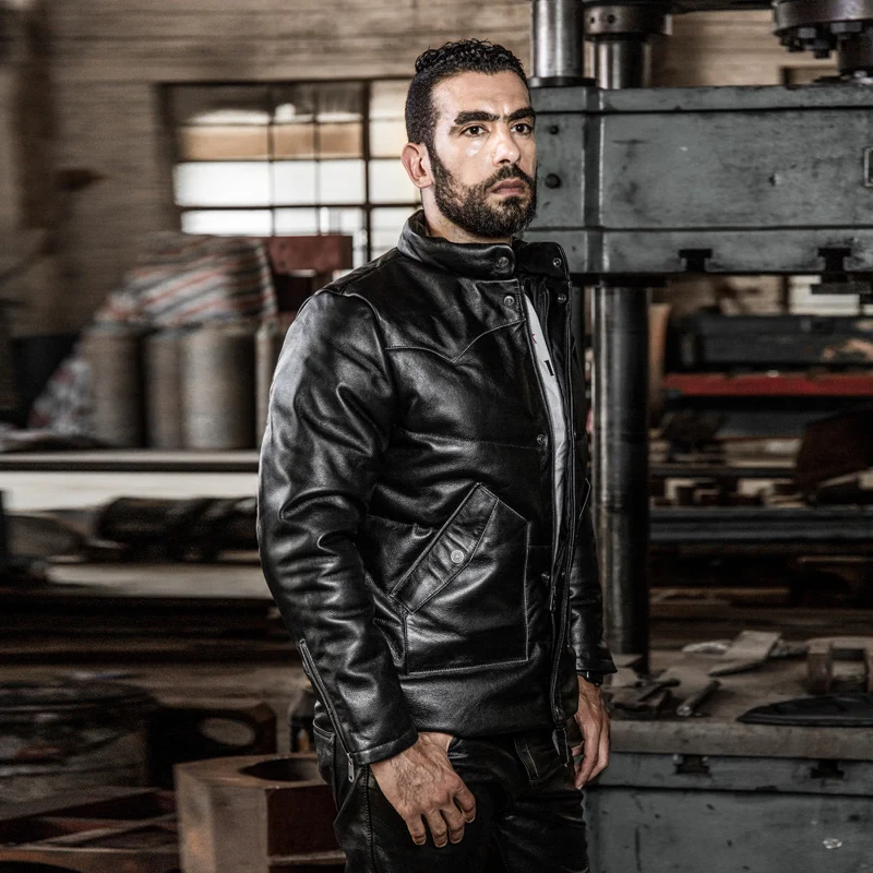 Seller european size high quality super warm genuine cow skin leather jacket mens big size cowhide leather down jacket HA-5