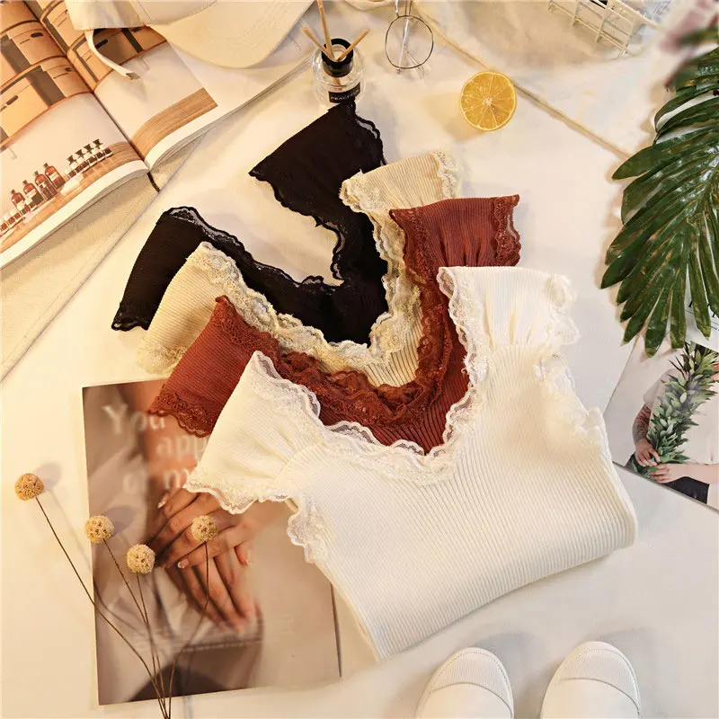 Deep V Neck Knitted Solid Lace Women Short Shirts 2019 Summer Elegant Female Blouses Casual Elastic Korean Styles Slim Lady Top