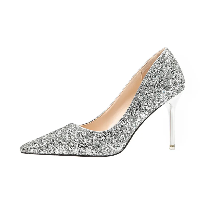 

2019 spring and autumn new sexy pointed sequins women's shoes stiletto pointed high heels silver 0510