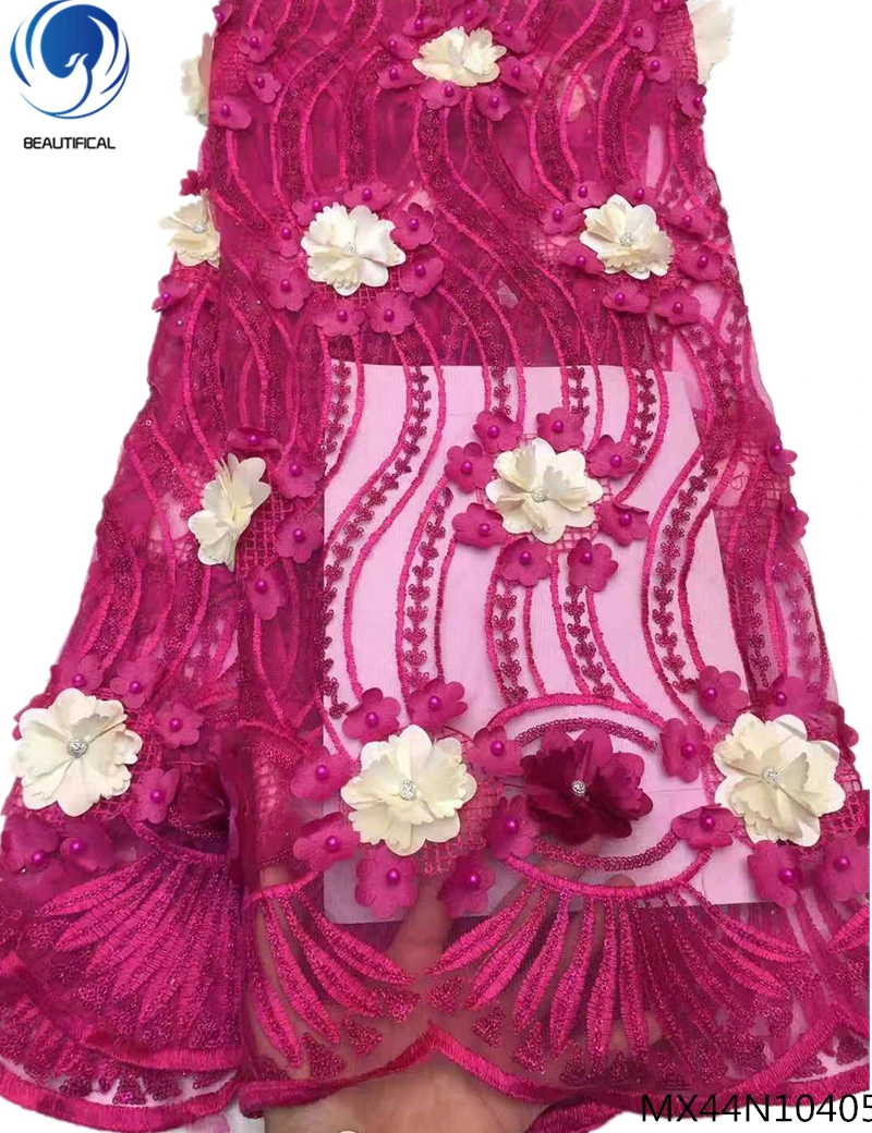 

Beautifical nigerian lace fabrics 3d lace fabric beaded lace fabric pink 3d flower fabrics 5 yards/lot 2019 products MX44N104