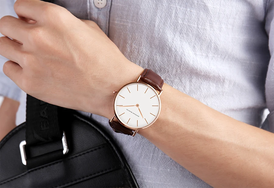 HM 2019 новый элегантный золотые мужские часы из искусственной кожи Кварцевые аналоговые наручные часы подарок для мужской браслет