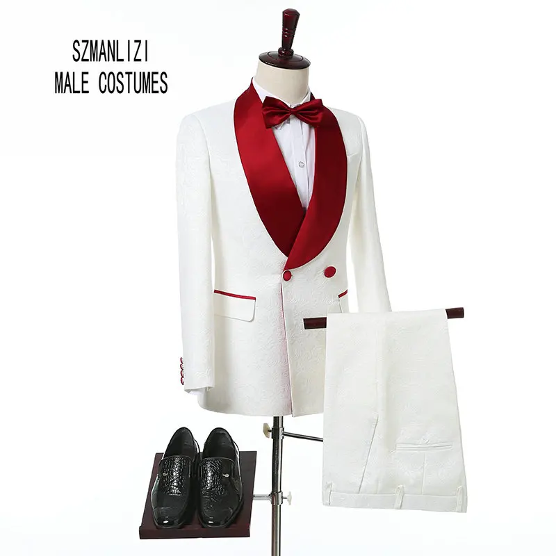 2019 Men White Printed Suits Double Breasted Wedding Suits for Men Groom Tuxedos Custom Made Formal Best Man Blazers Bridegroom 2019 Men White Printed Suits Double Breasted Wedding Suits for Men Groom Tuxedos Custom Made Formal Best Man Blazers Bridegroom