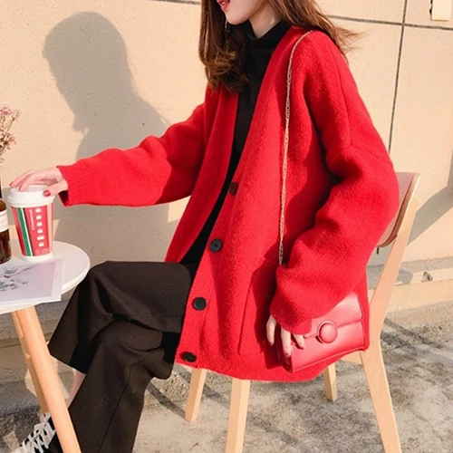 Red PEONFLY Midi Long Sweater Cardigan For Women Autumn Winter Pocket Long Sleeve Cardigan Female Knitted Jacket Women Red Blue - Цвет: Red