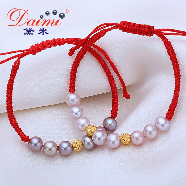 High Quality Red Bracelet 8-9 MM Purple Natural Freshwater Pearl & 999 Pure Gold Ball Bracelet Bijouterie