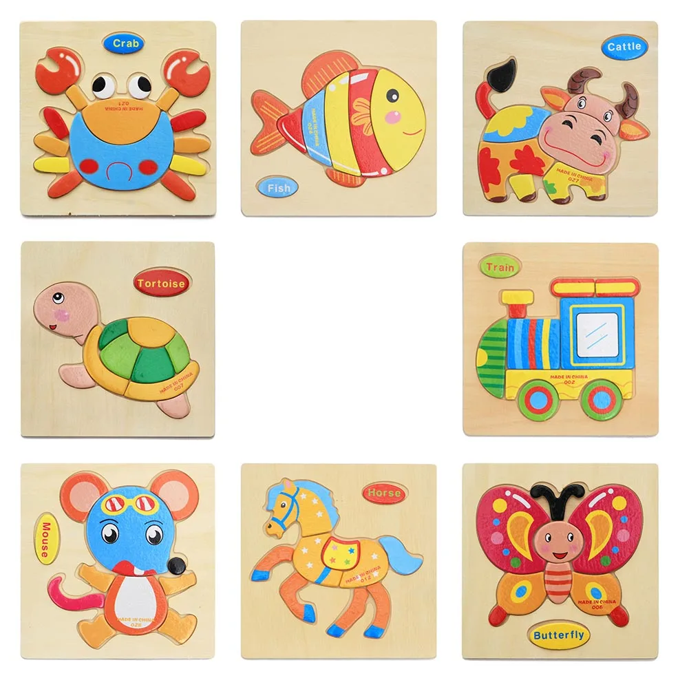 1 Pc Kids 3D Baby Wooden Toys Wooden Cartoon Animal Traffic Puzzles Toys for Children Educational