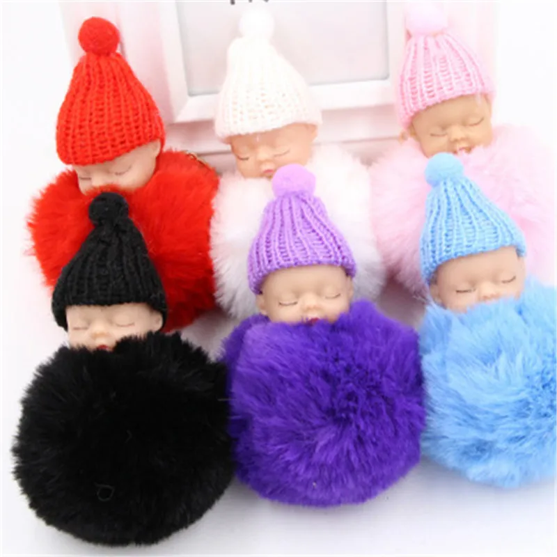 

iMucci Sleeping Baby Doll Keychain Pompom Rabbit Fur Ball Keyring Cute Baby Toy Chain Gift For Women Girl Key Holder Bag Jewelry