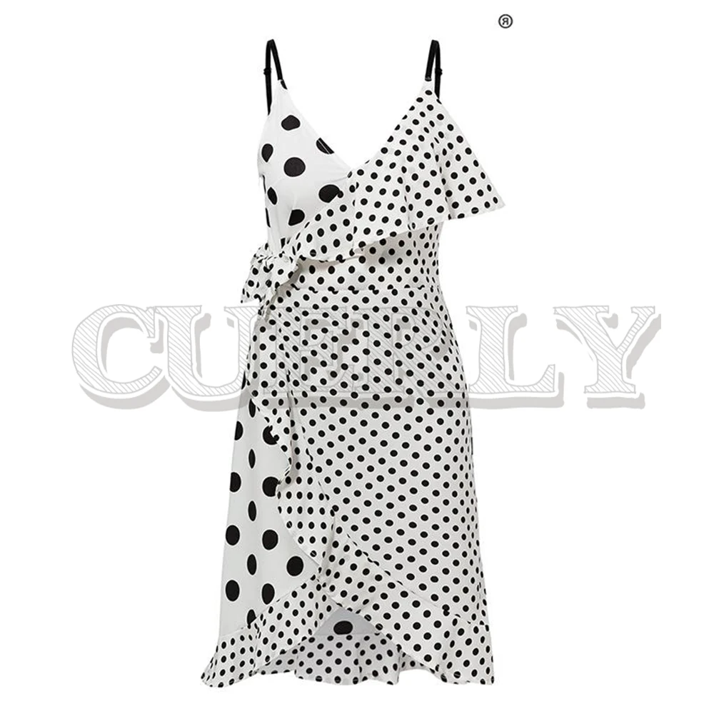 

CUERLY Sexy v-neck polka dot print women dress Ruffled lace up ladies wrap dress Spaghetti strap female casual summer sundress