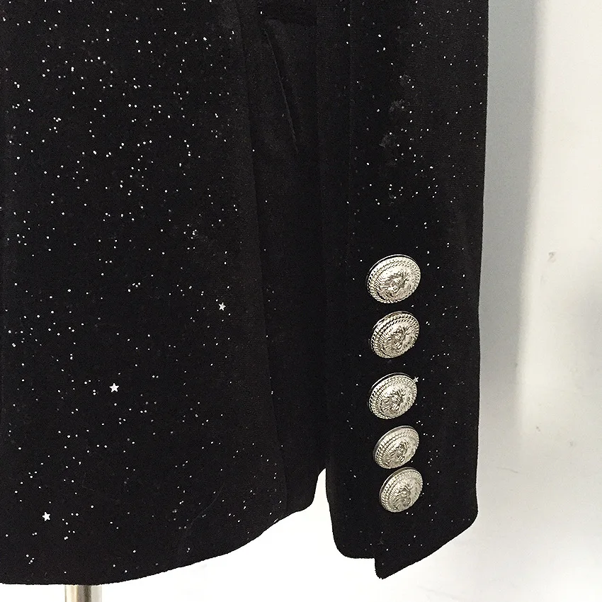 European American 2019 Autumn Winter Explosion Silver Button Green Collar Shining Star Sparkles Smooth Velvet Suit Black Women