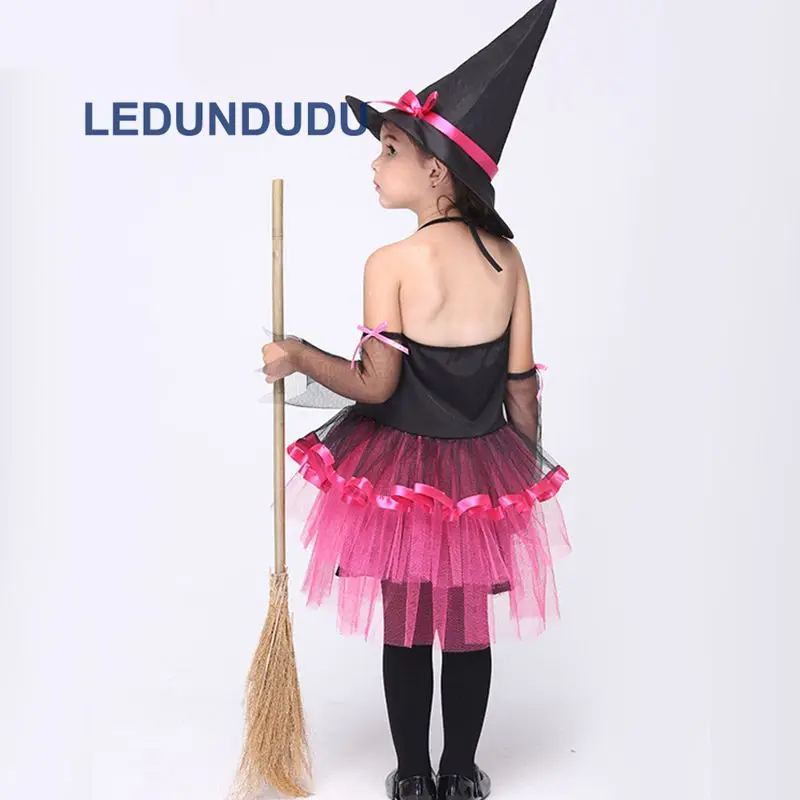 Children Halloween Fancy Party Suit Girls Magic Witch Dress Kids Rose Witch Cosplay Costume with Hat  (8)