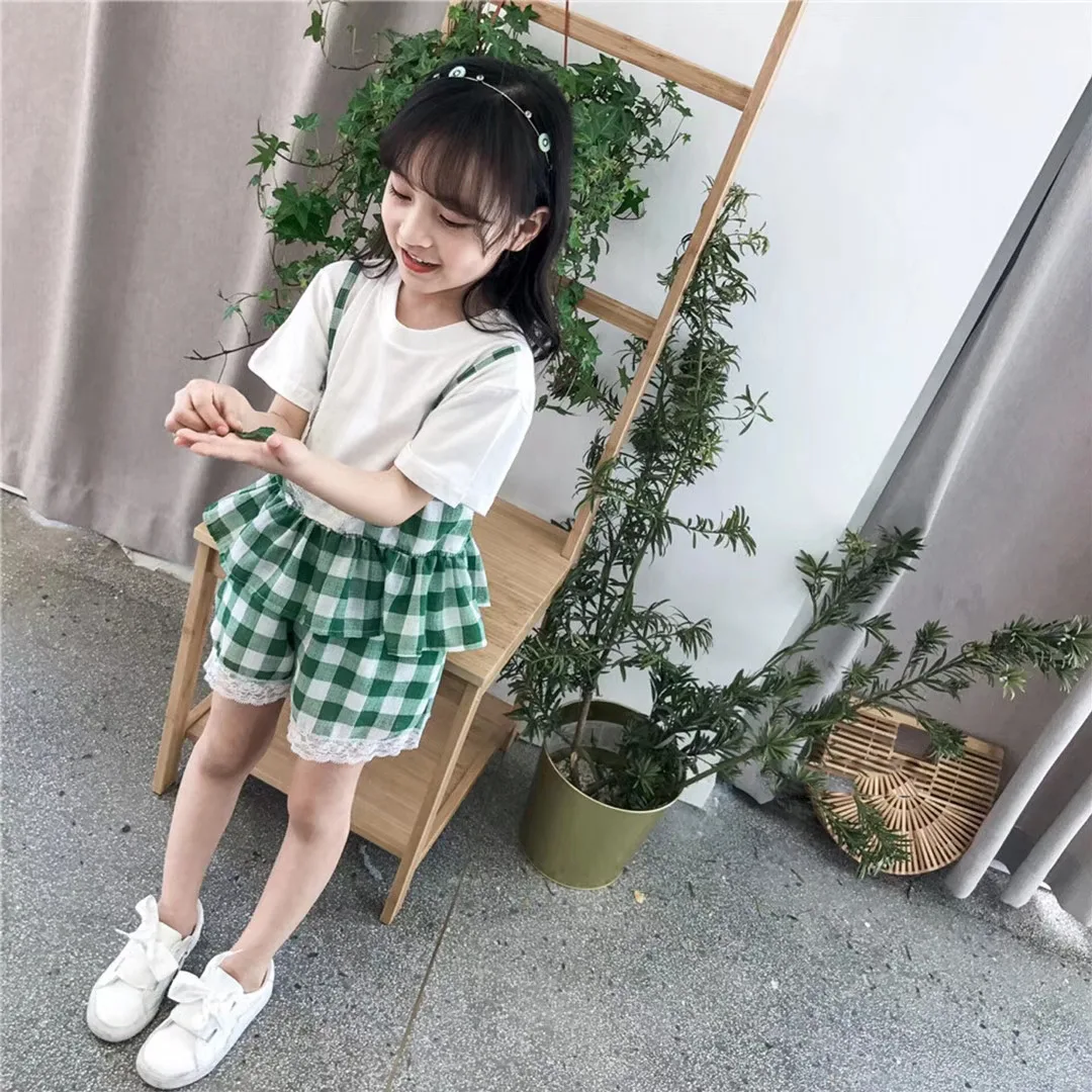 

Girls 2018 Summer New Girls Set Girls Lattice Two-piece Short-sleeved T-shirt with Shorts Two-piece