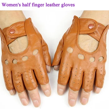 

Women's leather half finger gloves fashion hollow button style spring summer thin sheepskin sport riding gloves