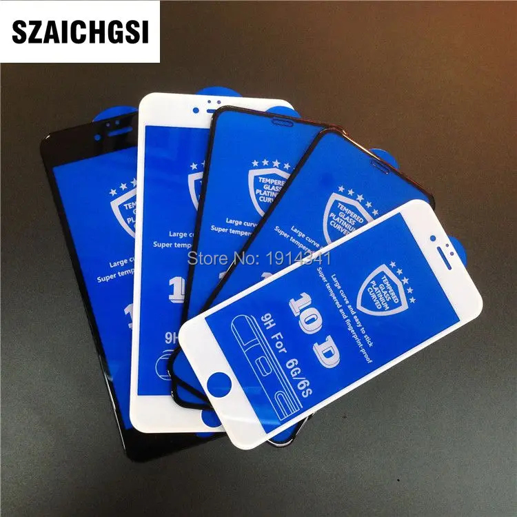 

100pcs 10D Full Cover Tempered Glass For iPhone 6 7 8 plus X Curved Edge 9H Screen Protector Film
