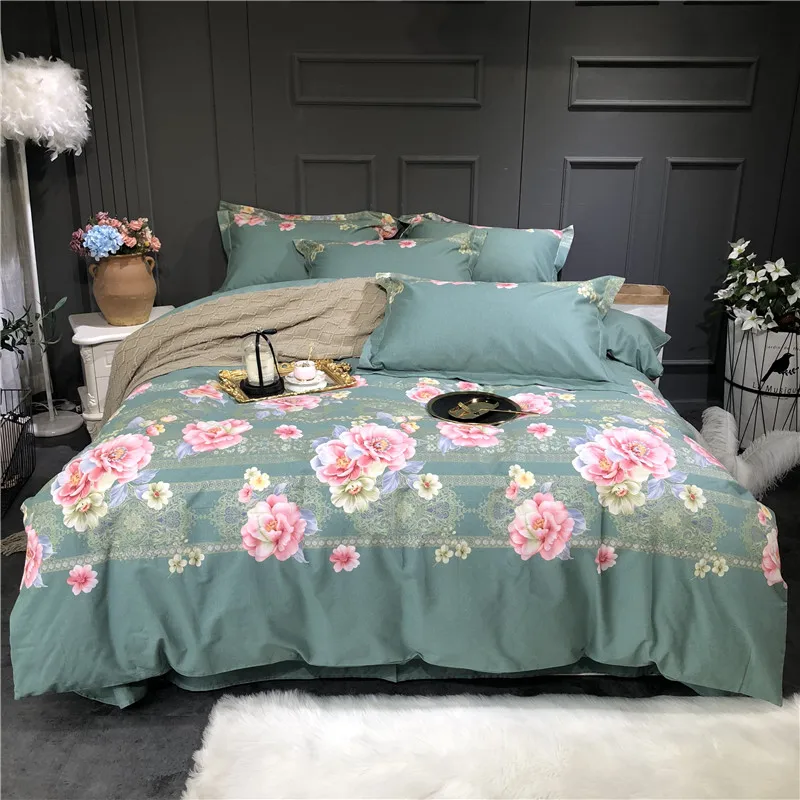 

Green Luxury 60S High Quality Egyptian Cotton Bedding Set Flowers Printing Duvet Cover Bed sheet Bed Linen Pillowcases 4pcs