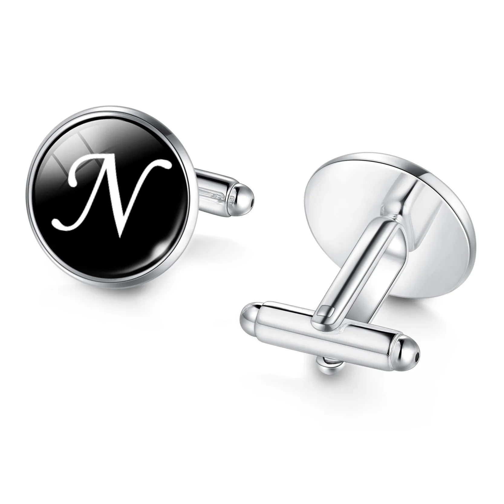 2018 New Arrival Glass Cabochon Letters N-Z Simple Letter Black Cufflinks for Men Gift T Shirt Cool Cuff Links Jewelry Fashion Jewelry