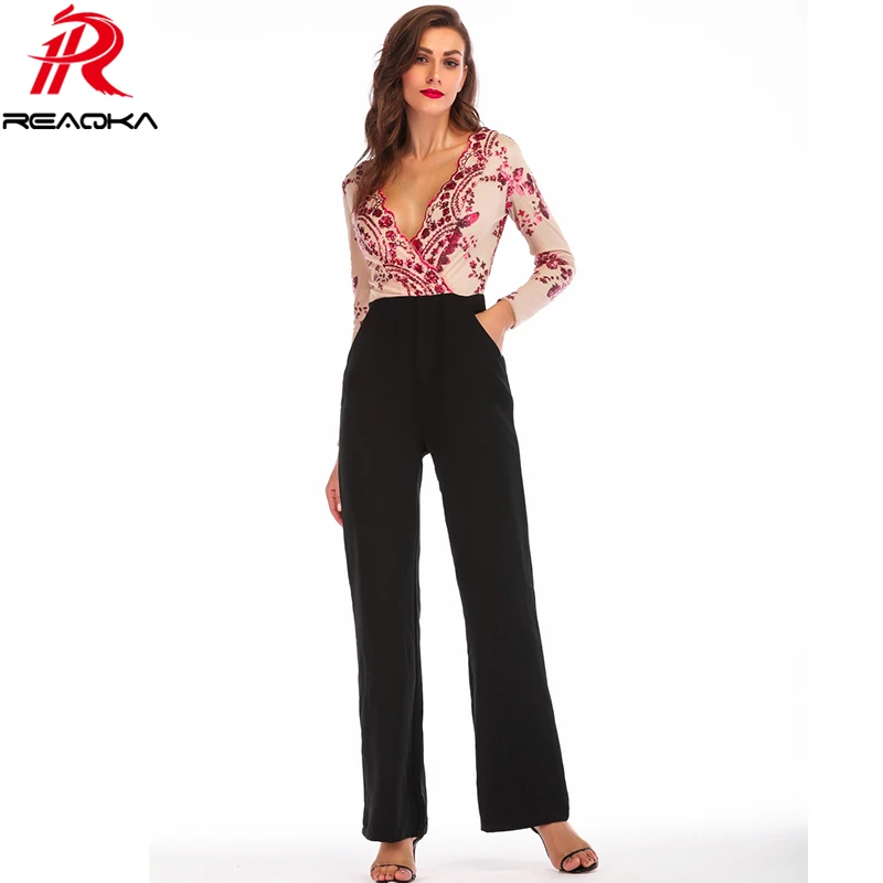 

Sexy Sequins Patchwork rompers womens jumpsuit 2018 bodysuit women Summer Elegant long sleeves V neck Party Playsuits Overalls