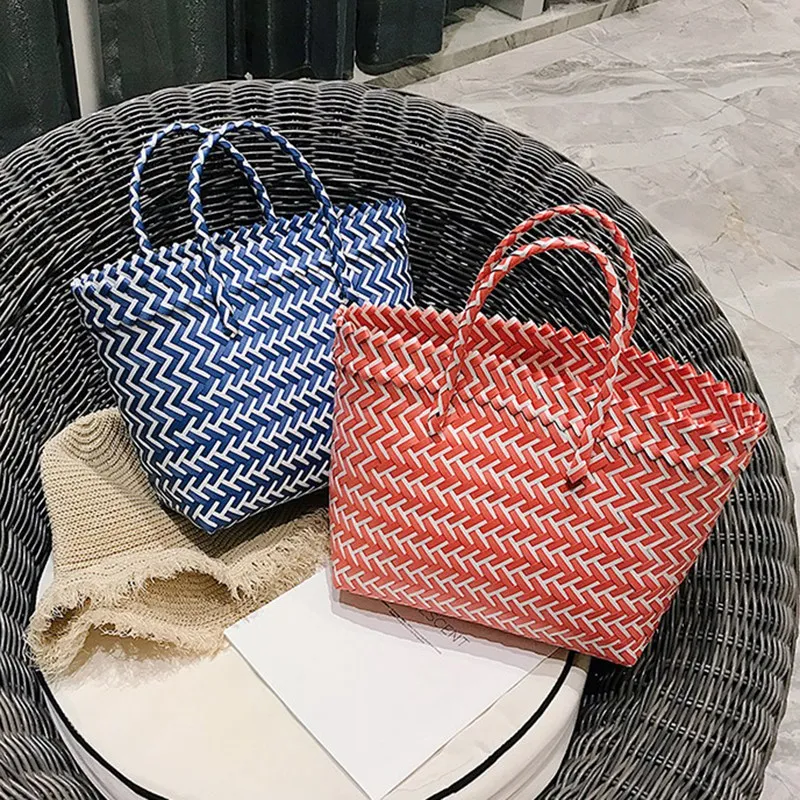 

BEAU-New Portable Square Stripe Straw Bag Fashion Large Capacity Woven Shoulder Bags Single Beach Bag Female Big Handbag