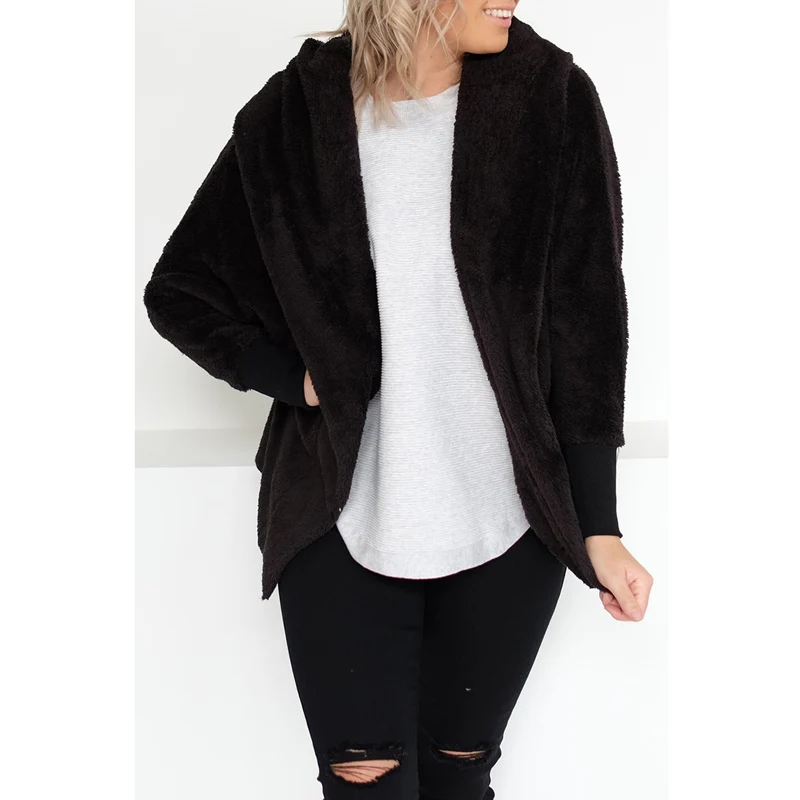 LOSSKY Autumn Witner Women Faux Lambswool Jacket Coat Black Warm Female Loose Open Stitch Overcoat Long Sleeve New Fuzzy Outwear