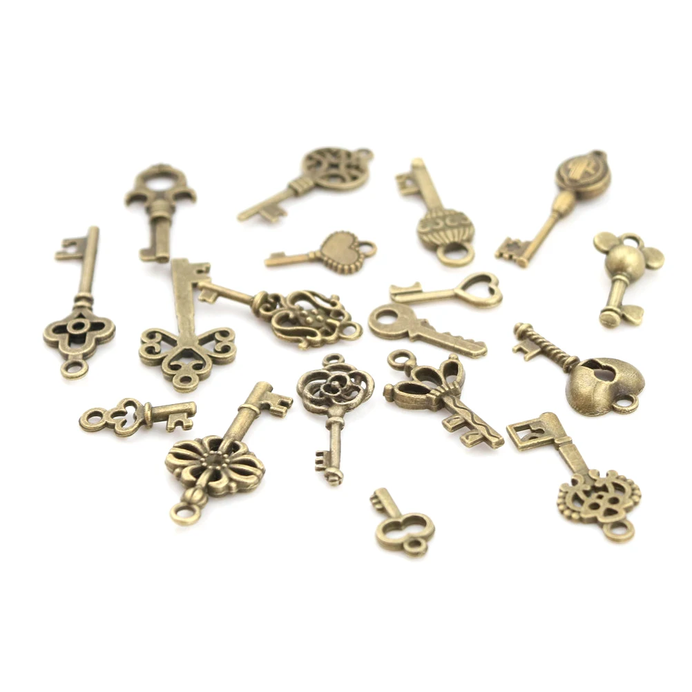 18pcs/sets Bronze Ornate Skeleton Keys Lot Antique Vintage Old Look Necklace Pendant Fancy Heart Decor DIY Craft Gifts