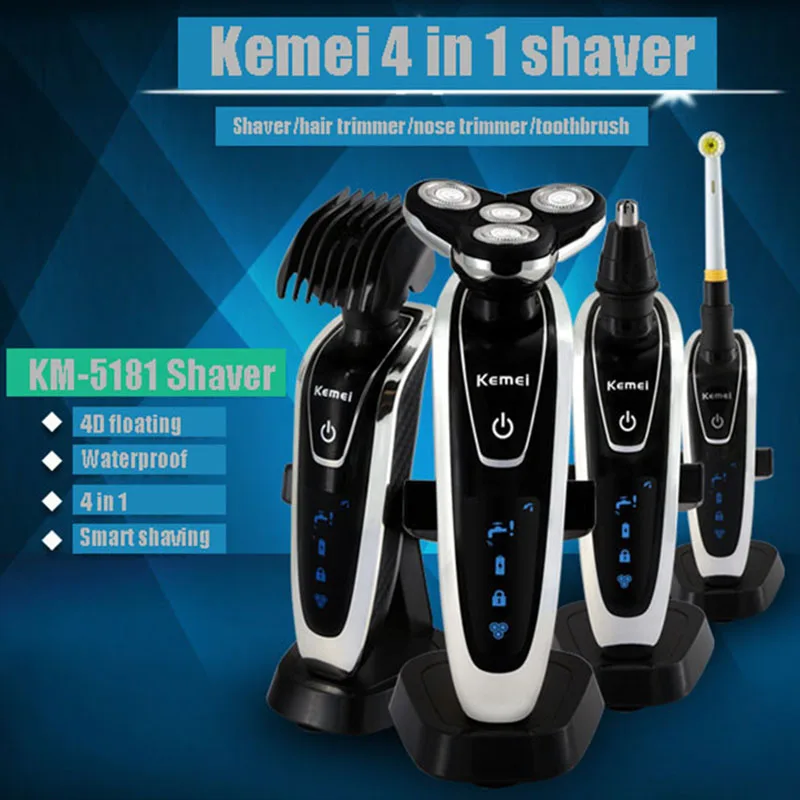 Kemei 4D бритва Мужская бритвенная машинка триммер для носа и волос зубная щетка Barbeador 4 в 1 моющаяся бритва
