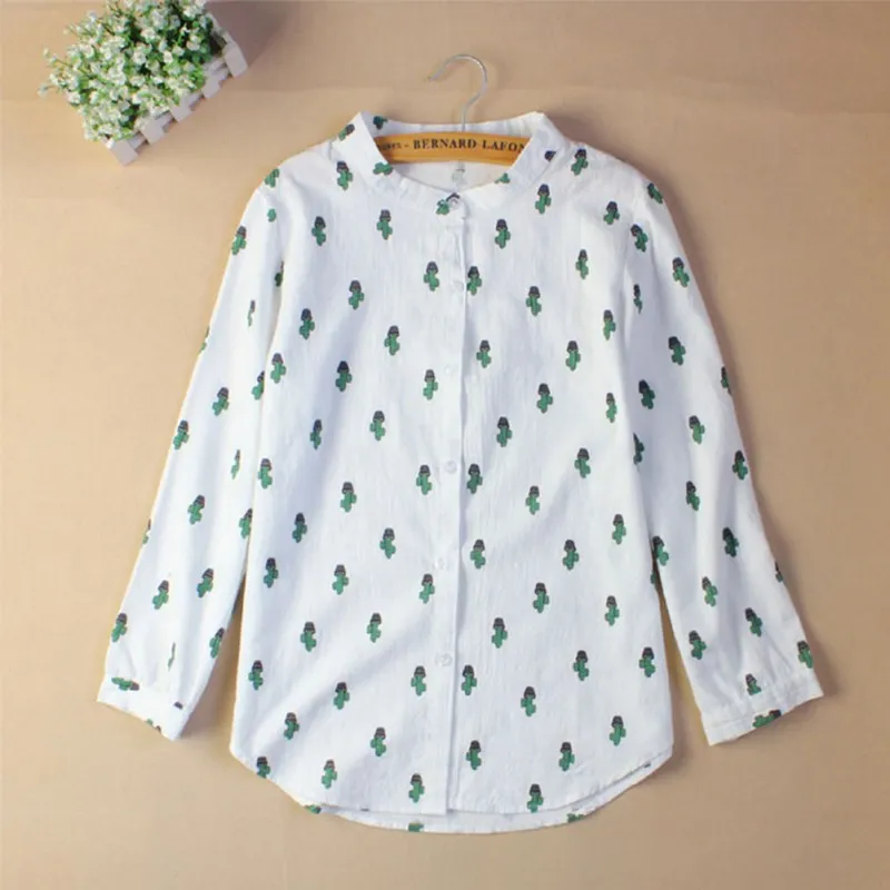 Women Fashion Blouses Long Sleeve Sweet  Shirts Cactus Printed Stand Collar Casual Leisure Tops  Blusas