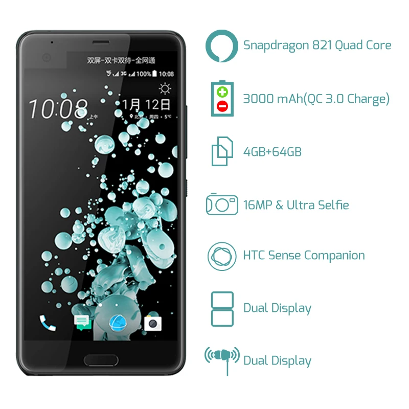 Official Original HTC U Ultra Dual Display 4GB RAM 64GB ROM Snapdragon 821 Mobile Phone 2560x1440px Android7.0 Quad Core 3000mAh