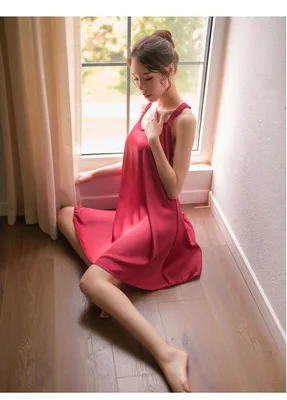 Летние женские пижамы Lounge имитация шелка плюс размер ночные рубашки с открытой спиной сексуальный Слинг Холтер пижамы сексуальная v-образным вырезом ночная рубашка - Цвет: Красный
