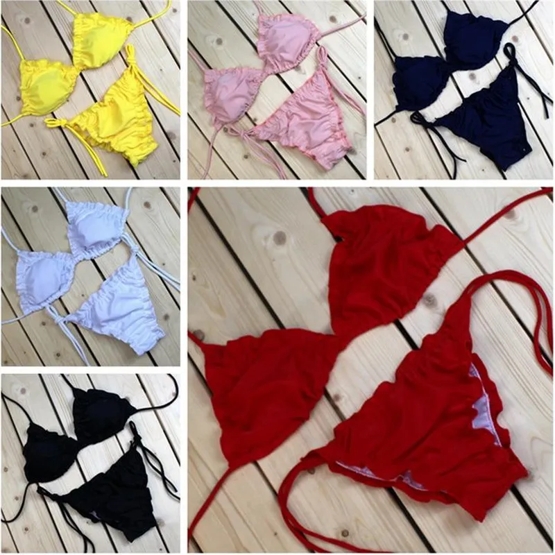 

2017 solid color split Europe and the United States bikini swimsuit female bikini swimwear tight elasticity