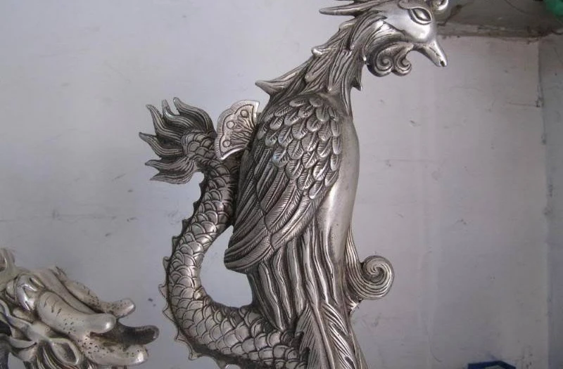 

Chinese Royal White Copper Silver Luckly Auspicious Dragon Play Phoenix Statue